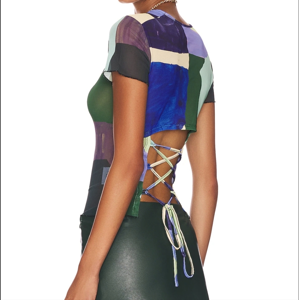 MIAOUX Paloma Elsesser Lace Back Tee in Abstraction pattern sheer mesh short sl